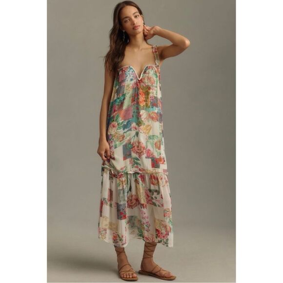 NEW By Anthropologie Floral Chiffon Shift Tiered Maxi Dress X-Small Small Large - Picture 1 of 4